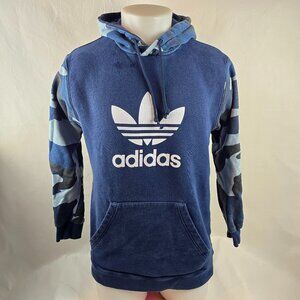 Adidas Hoodie Mens Medium Blue Camo Sleeve Trefoil Pullover Sweatshirt Sporty A2